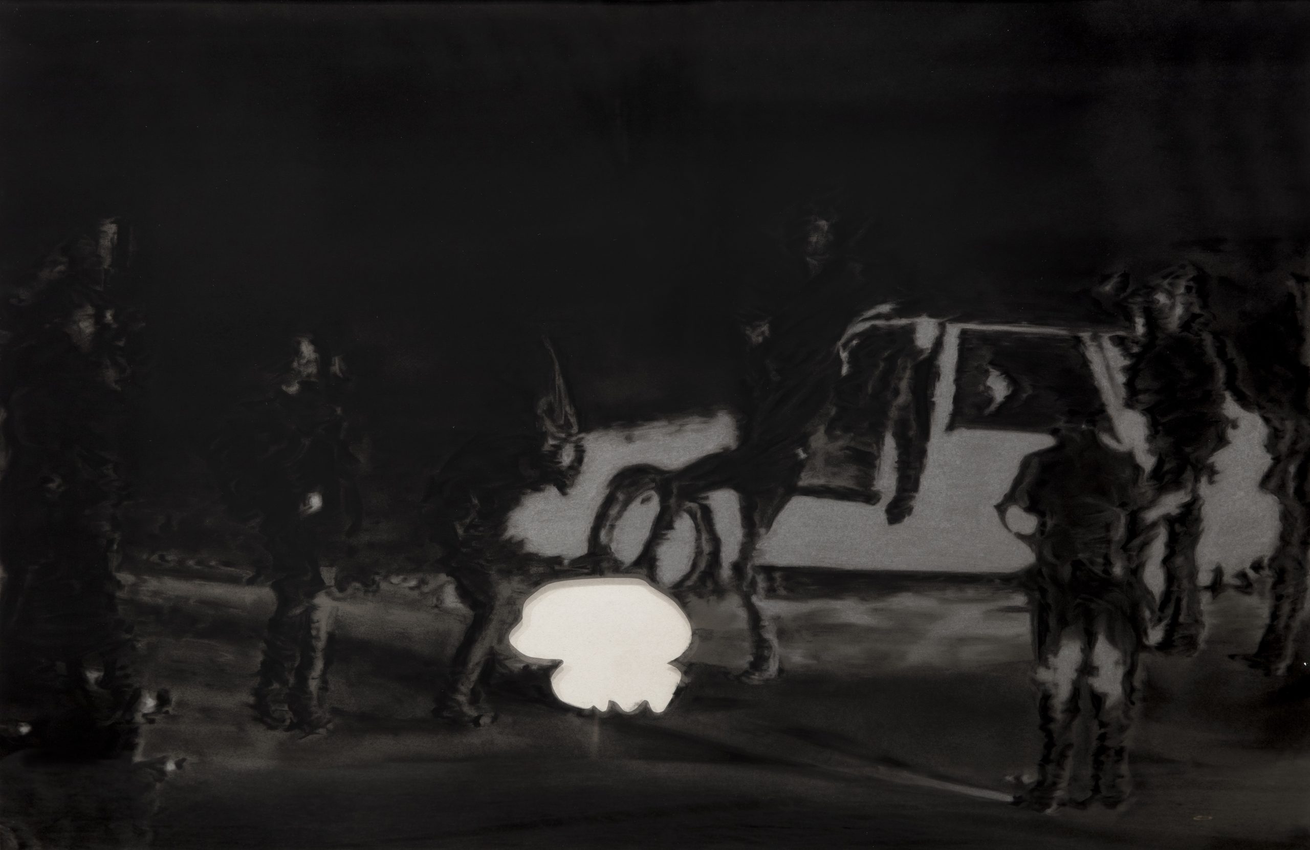 Rodney King - charcoal on paper, with mirrored tint on frame, 30 x 45 in., 2017 